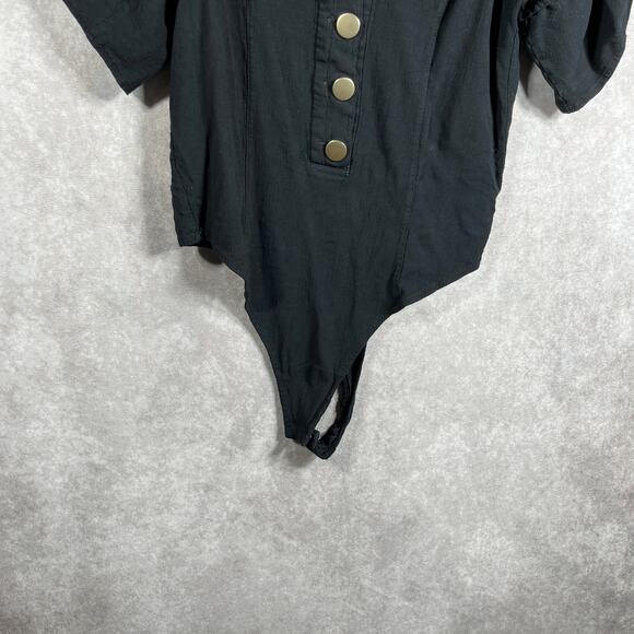 Free People Intimately Not So Basic Bodysuit Womens Large Black Puff Sleeves - Picture 3 of 12